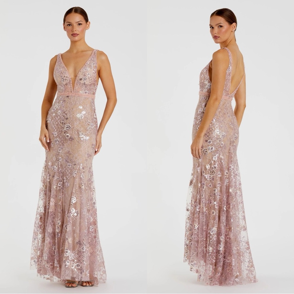 Mac Duggal 67481 Pink Floral Embellished Sleeveless Plunge Neck Gown NWT